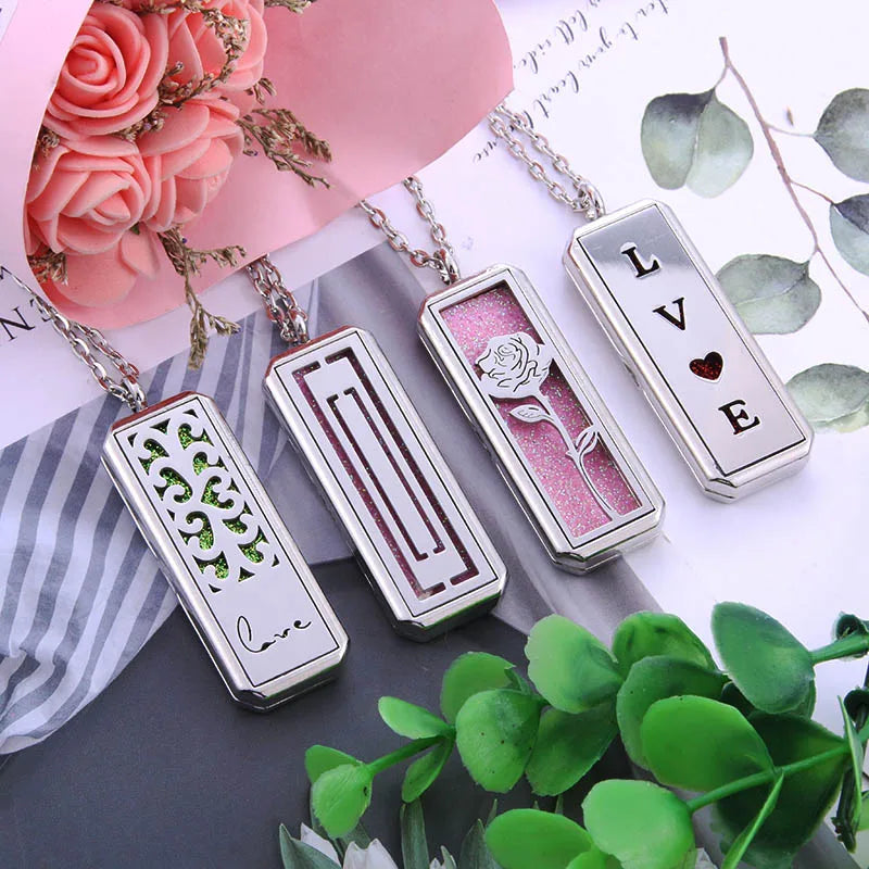 New Square Aromatherapy Necklace Stainless Steel Open Perfume Locket Essential Oils Diffuser Necklace Aroma Jewelry