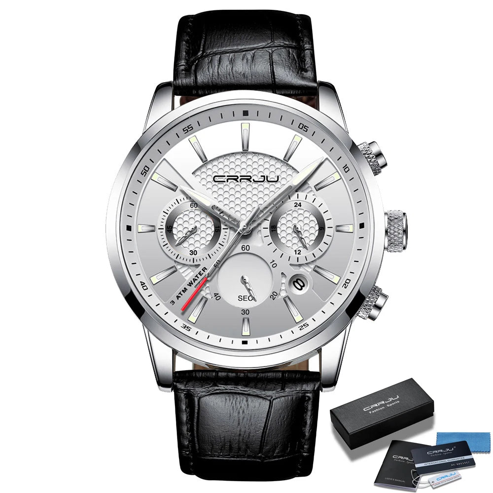 Watches Mens 2021 CRRJU Casual Leather Quartz Men's Watch Top Brand Luxury Business Clock Male Sport Waterproof Date Chronograph