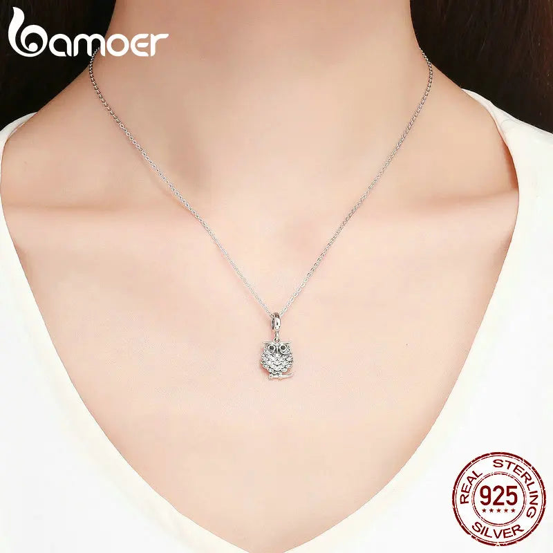 BAMOER Authentic 925 Sterling Silver Crystal Owl Lovely Animal Shape Beads Charm Fit Bracelet & Bangles Jewelry Making SCC949
