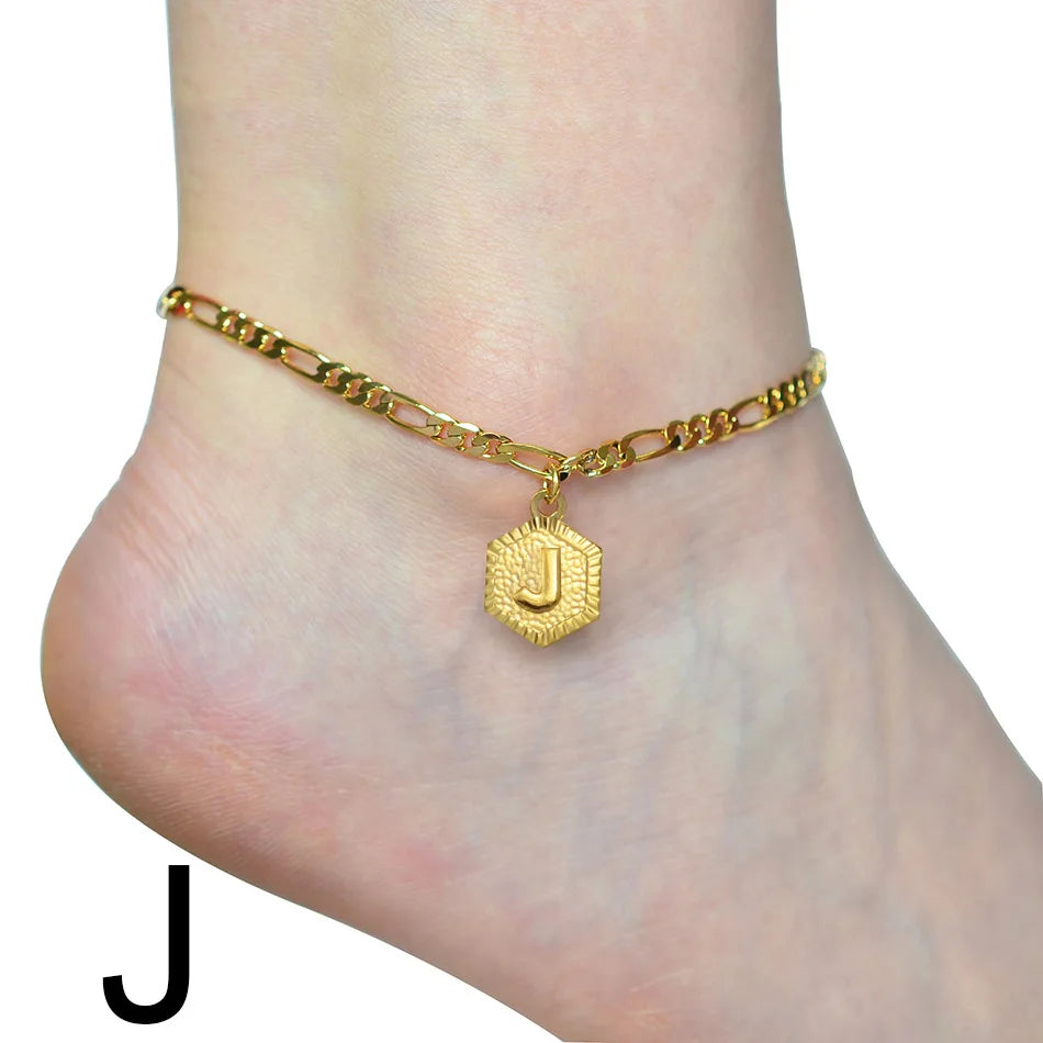 Anniyo 21cm + 10cm Extender Chain / A-Z Initial Letter Anklet for Women Alphabet Jewelry Foot Chain Girl #105906