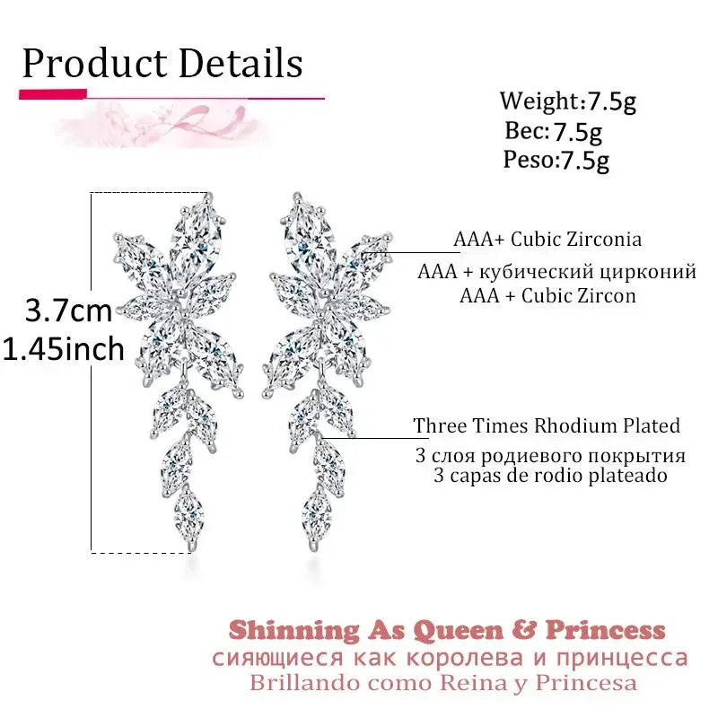 LXOEN Marquise Cut Flower Zirconia Crystal Long Drop Earrings for Women Shiny Leaf CZ Stone Bridal Wedding Jewelry