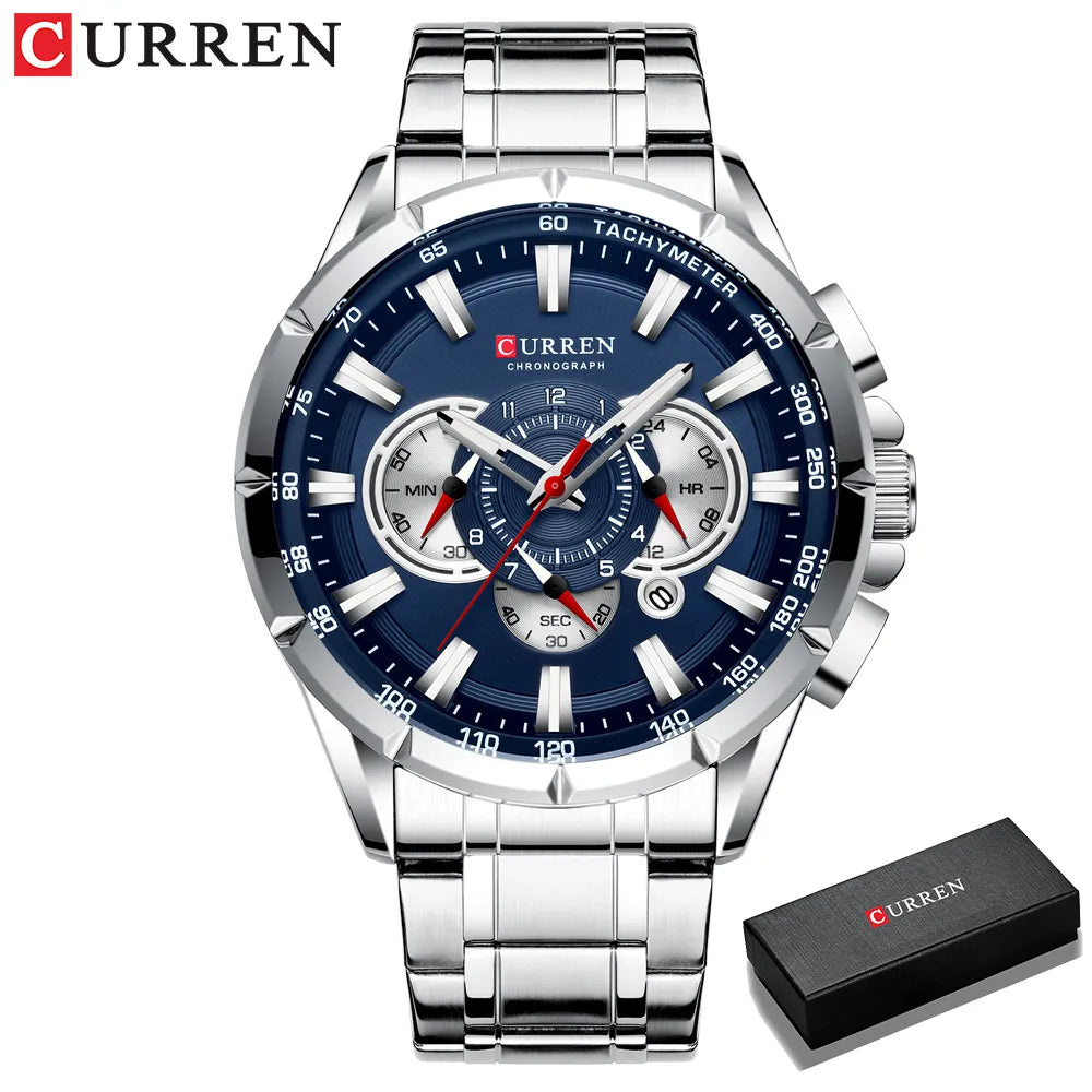 CURREN Luxury Casual Mens Watches Quartz Sports Chronograph Wristwatch Male Stainless Steel Luminous Hands Clock