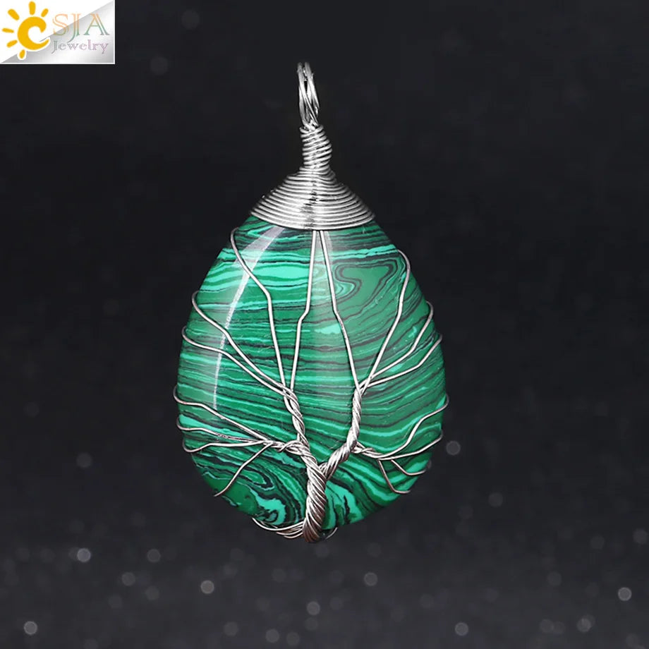 CSJA Natural Stone Pink Quartz Necklace & Pendant Silver-Color Tree of Life Wire Wrapped Water Drop Shape for Women Jewelry F122