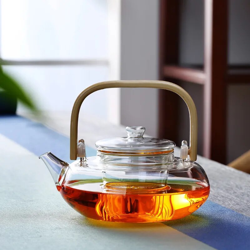 Glass Teapot Heat-Resistant Borosilicate Boiling Thickened Bamboo Handle Hou