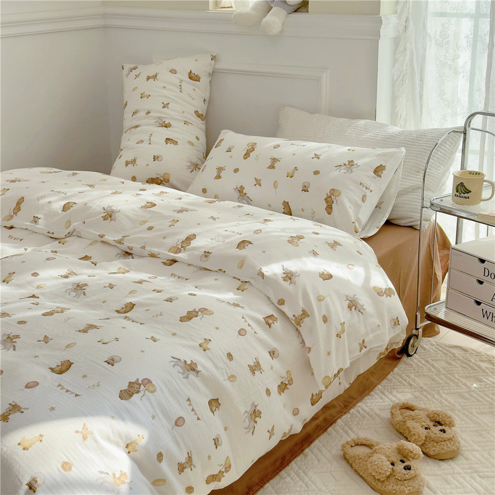 Double Layer Cotton Bedding Set Infant Class Softness Floral Design Duvet Cover Bed Sheet Pillowcases 4 Pieces Bedding Set
