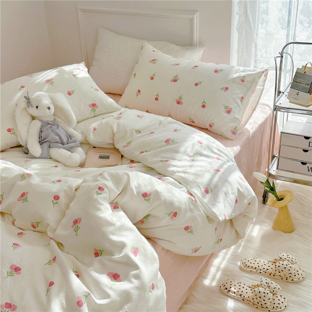 Double Layer Cotton Bedding Set Infant Class Softness Floral Design Duvet Cover Bed Sheet Pillowcases 4 Pieces Bedding Set
