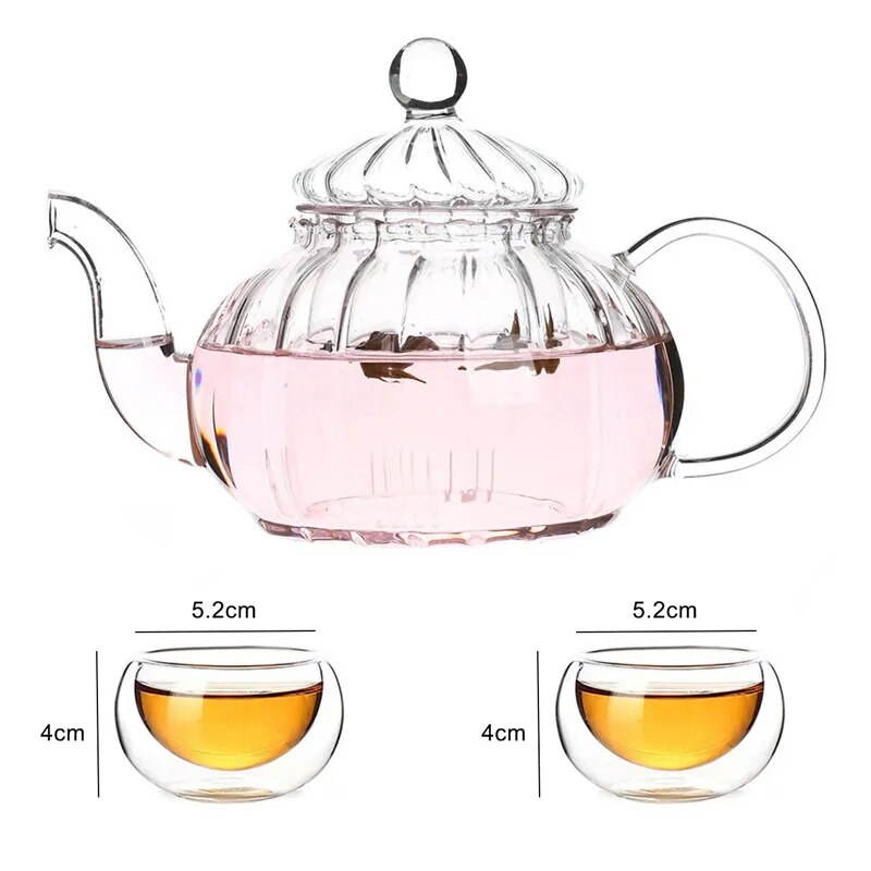 Heat Resistant Glass Pot 600ml Striped Pumpkin Shape Flower Teapot Glass Teapot
