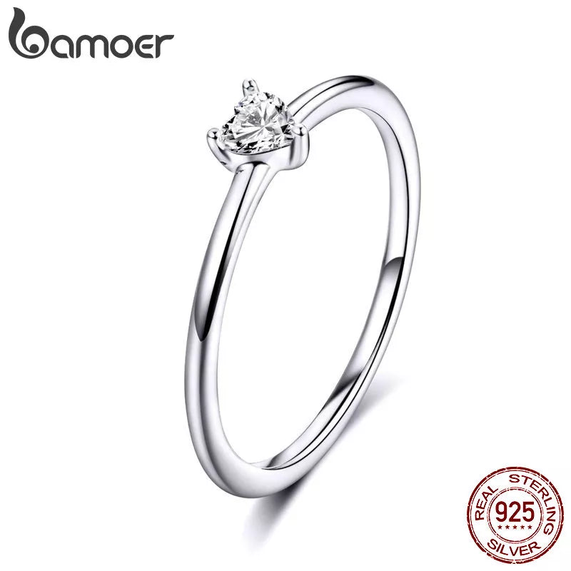 BAMOER 925 Sterling Silver Heart Clear CZ Simple Finger Rings for Women Engagement Wedding Statement Jewelry SCR498
