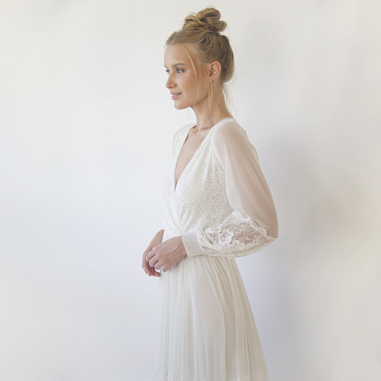 Bestseller Ivory Wrap Lace Wedding Dress With Chiffon Mesh Sleeves #1352