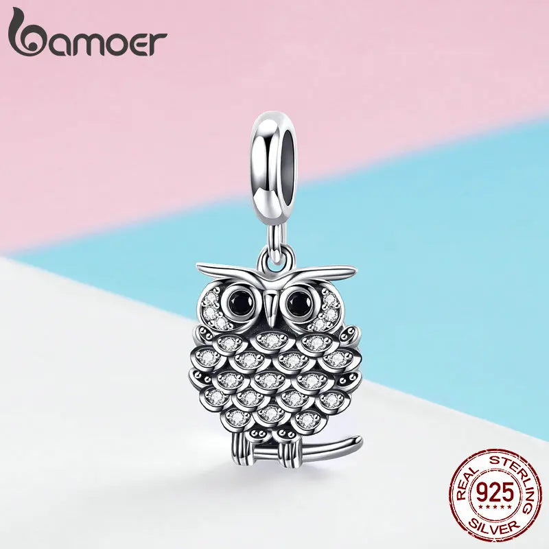 BAMOER Authentic 925 Sterling Silver Crystal Owl Lovely Animal Shape Beads Charm Fit Bracelet & Bangles Jewelry Making SCC949