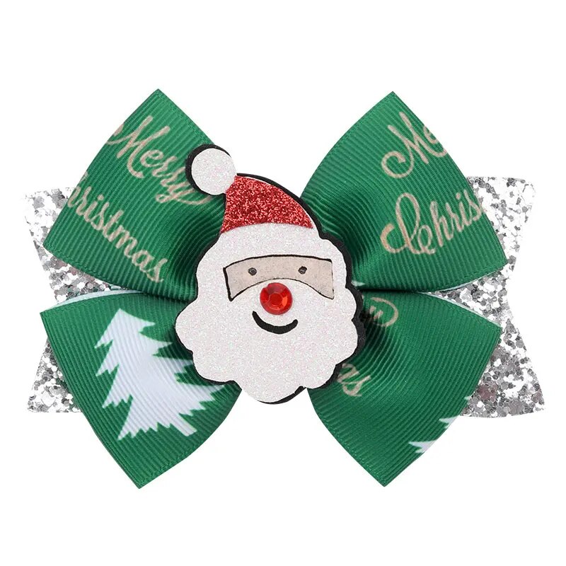 Christmas Hair Bows Clips Sparkly Santa Claus Xmas Socks Hairpins Headwear Christmas Tree Printing Ribbon Hair Clip for Girls