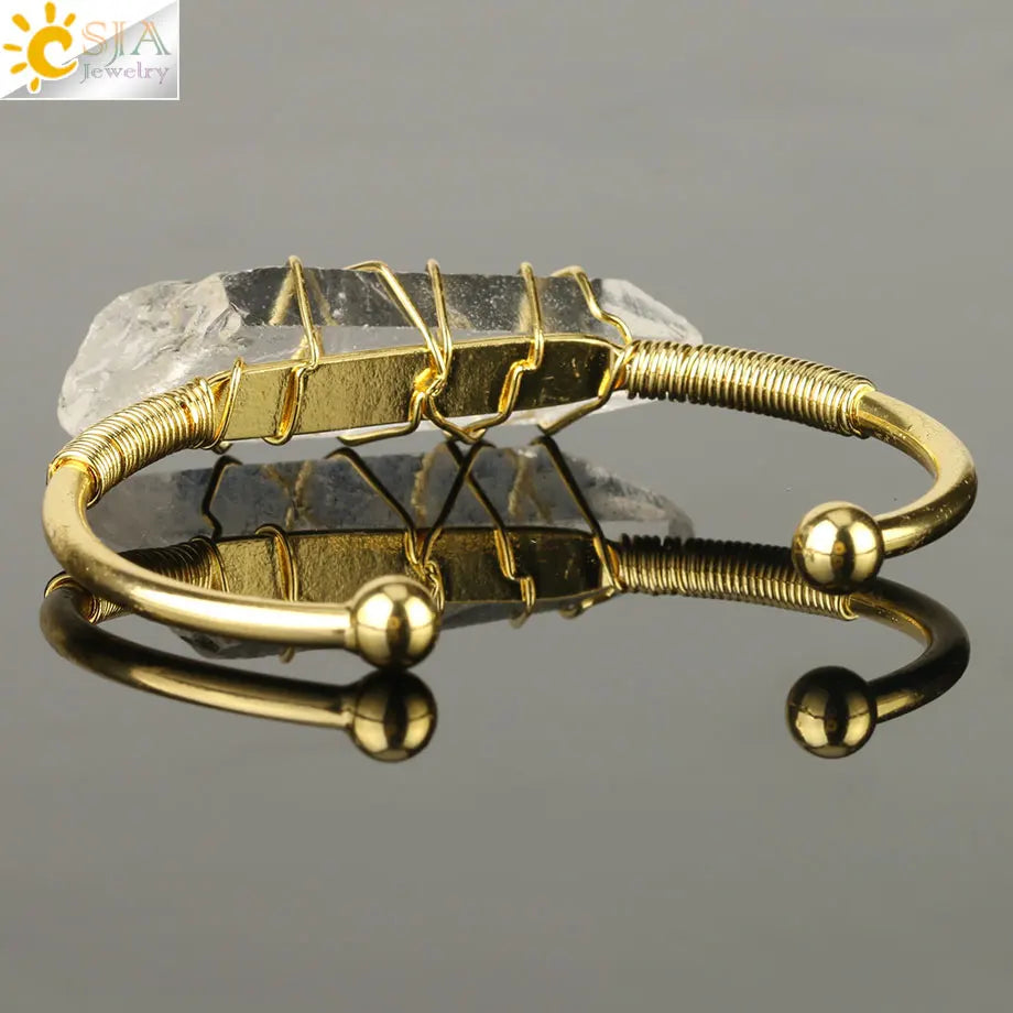 CSJA Natural Stone Clear Quartz Bangles Open Cuff Bracelet Wire Wrap Irregular Crystal Stones Copper Bangle Female Jewelry G168