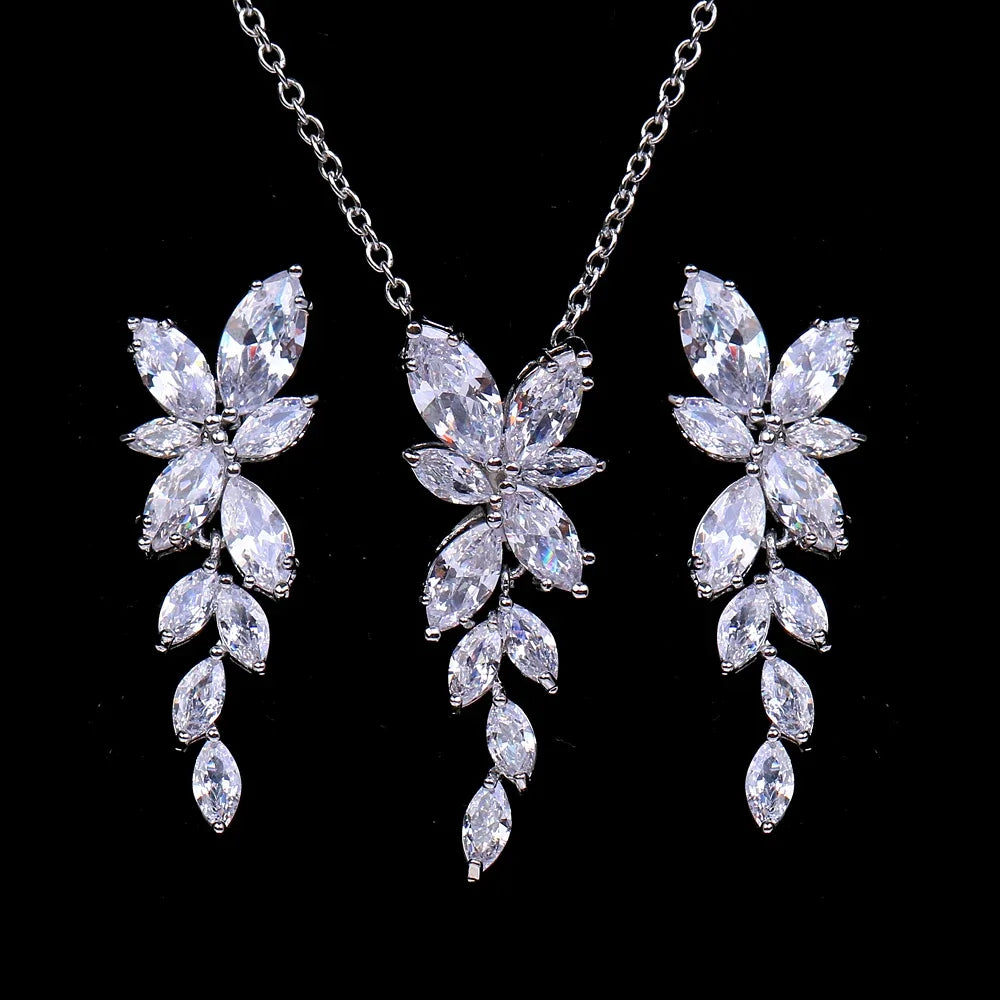 LXOEN Marquise Cut Flower Zirconia Crystal Long Drop Earrings for Women Shiny Leaf CZ Stone Bridal Wedding Jewelry