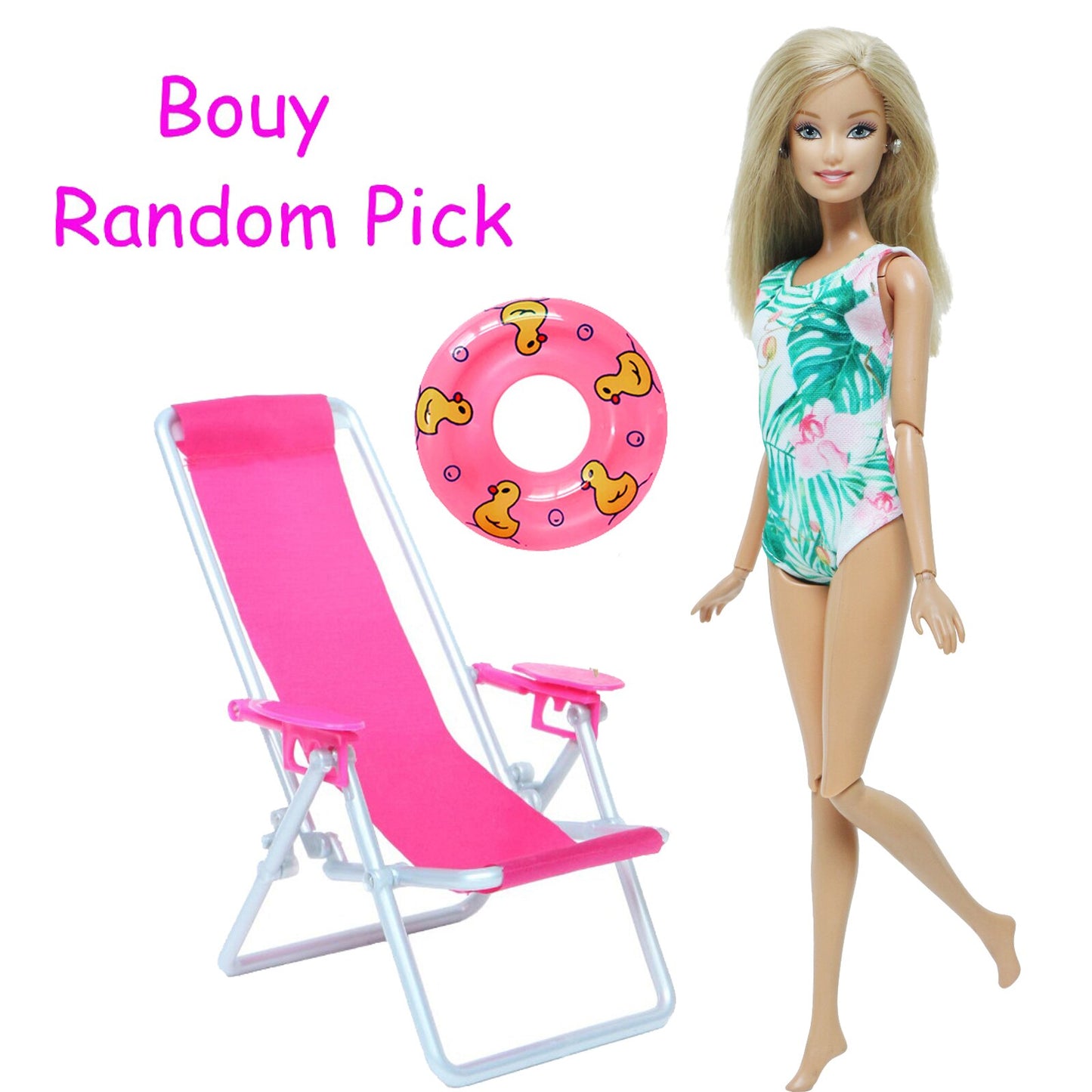 3 Pcs/Lot = 1x Swimsuit Bikini + 1x Random Swimming Buoy Lifebelt Ring +1x Pink Foldable Beach Chair Accessories for Barbie Doll