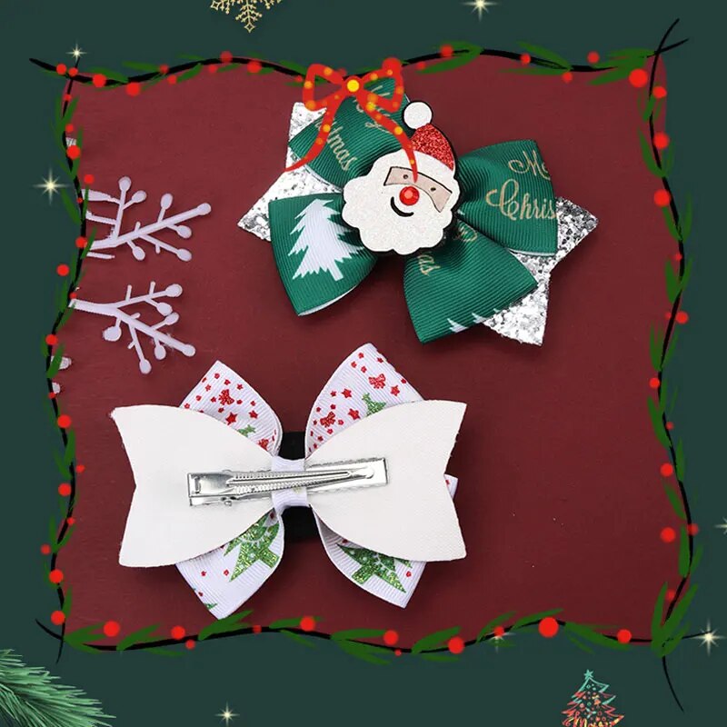 Christmas Hair Bows Clips Sparkly Santa Claus Xmas Socks Hairpins Headwear Christmas Tree Printing Ribbon Hair Clip for Girls
