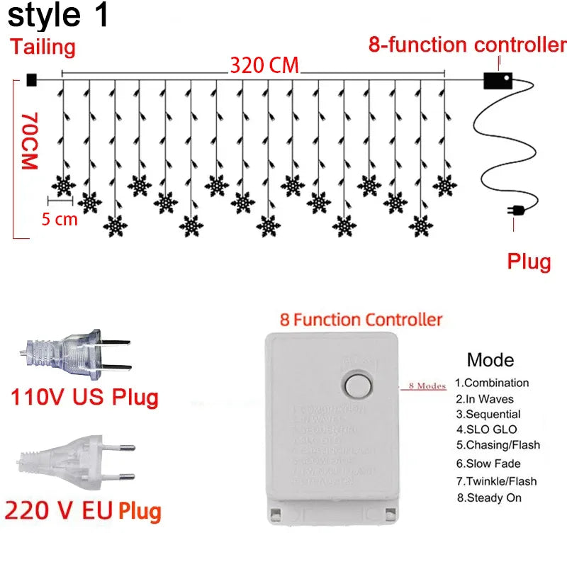 3.2M Christmas Snowflakes LED String Lights Flashing Fairy Curtain Lights Waterp