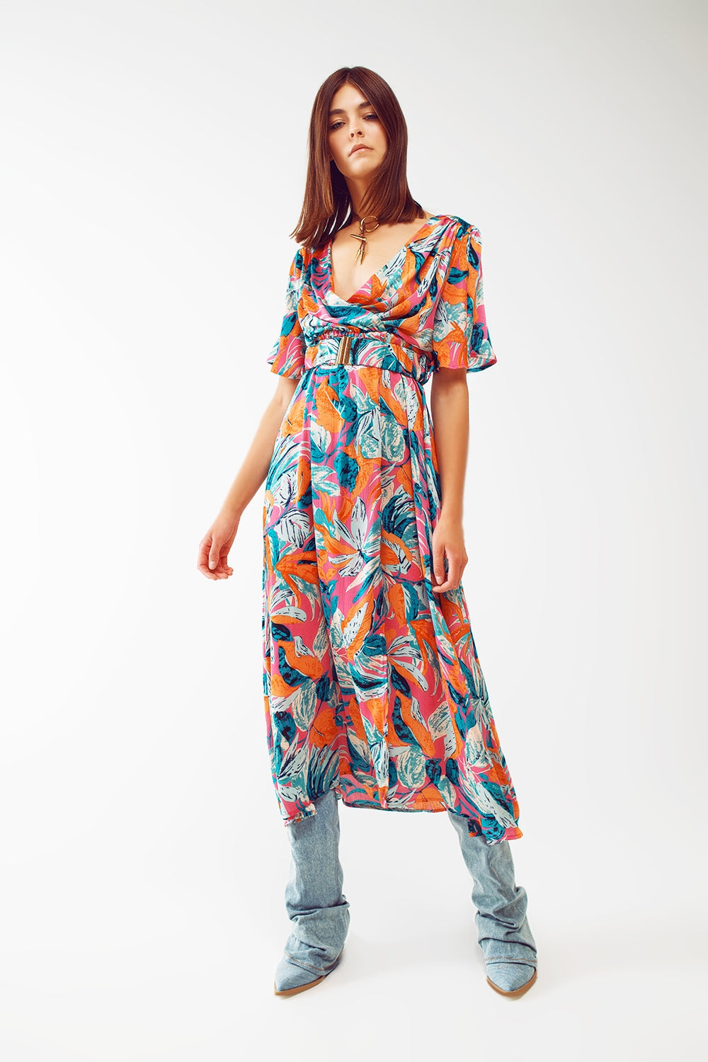 Wrap Maxi Belted Dress With Floral Print in Orange