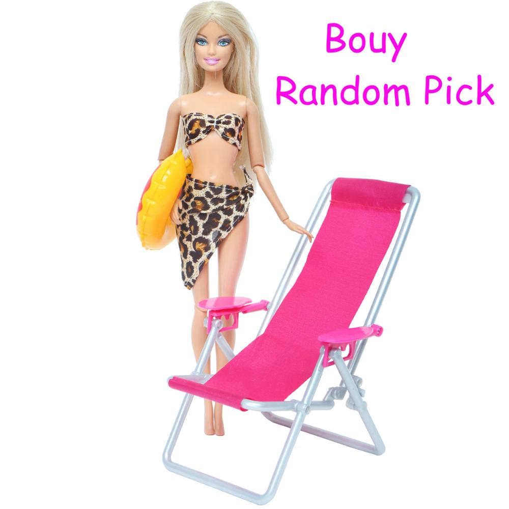 3 Pcs/Lot = 1x Swimsuit Bikini + 1x Random Swimming Buoy Lifebelt Ring +1x Pink Foldable Beach Chair Accessories for Barbie Doll