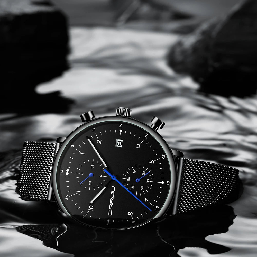Mens Watch CRRJU Luxury Top Brand Men Stainless Steel WristWatch Men's Military Waterproof Date Quartz Watches Relogio Masculino