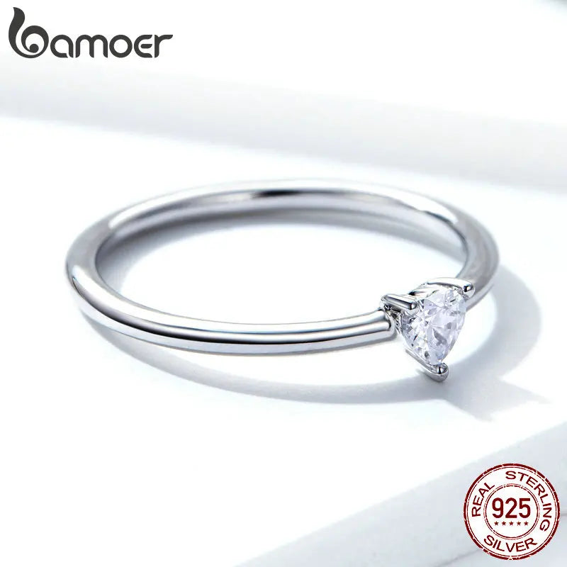 BAMOER 925 Sterling Silver Heart Clear CZ Simple Finger Rings for Women Engagement Wedding Statement Jewelry SCR498