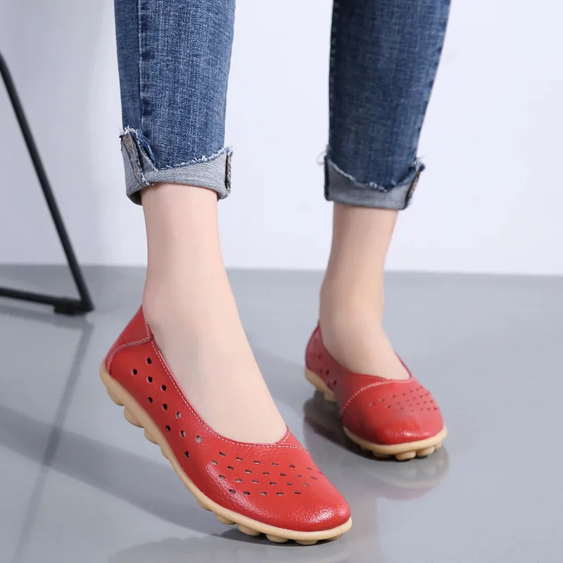 Dobeyping Leather Women Flats New Cut-Outs Summer Shoes Woman Hollow Women's Loafers Female Solid Shoe Large Size 35-44