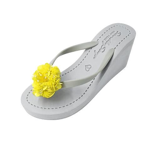 Noho Yellow Flower - Sequence Embellished Women's High Wedge Flip Flops