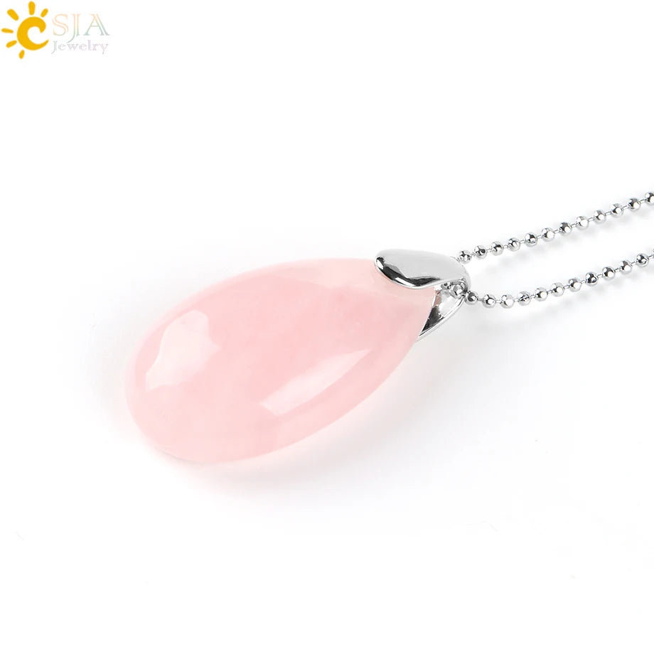 CSJA Natural Gem Stone Pendant Water Drop Necklaces Pendants Tiger Eye Lapis Lazuli Clear Crystal Opal Healing Jewellery E526
