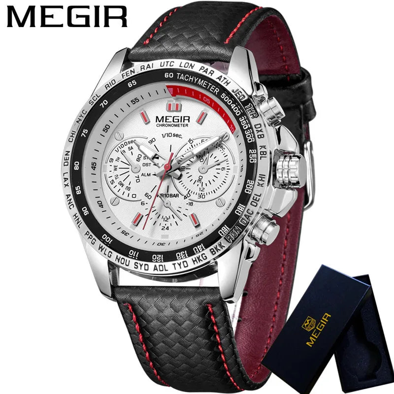 MEGIR Mens Watches Top Luxury Brand Male Clocks Military Army Man Sport Clock Leather Strap Business Quartz Men Wrist Watch 1010