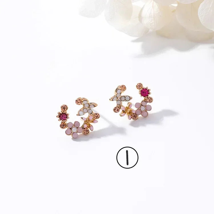 Korean Jewelry Fresh Cute Hook Drop Oil Flower Stud Earrings Crystal Earring for Women