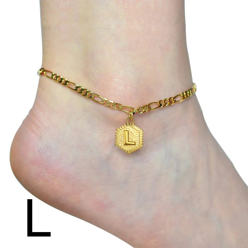Anniyo 21cm + 10cm Extender Chain / A-Z Initial Letter Anklet for Women Alphabet Jewelry Foot Chain Girl #105906