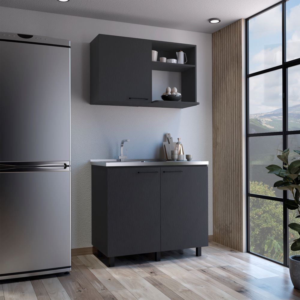Alexandria 2 Piece Kitchen Set, Wall Cabinet + Utility Sink, Black