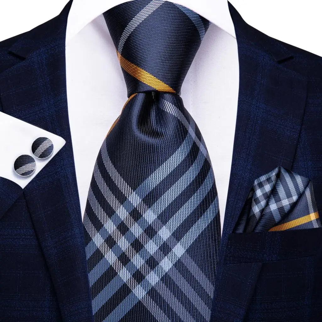 Business Tie for Men Silk Blue Tie Dots Necktie Set Plaid Cufflinks for Wedding Business Tie 150cm Hi-Tie SN-3529