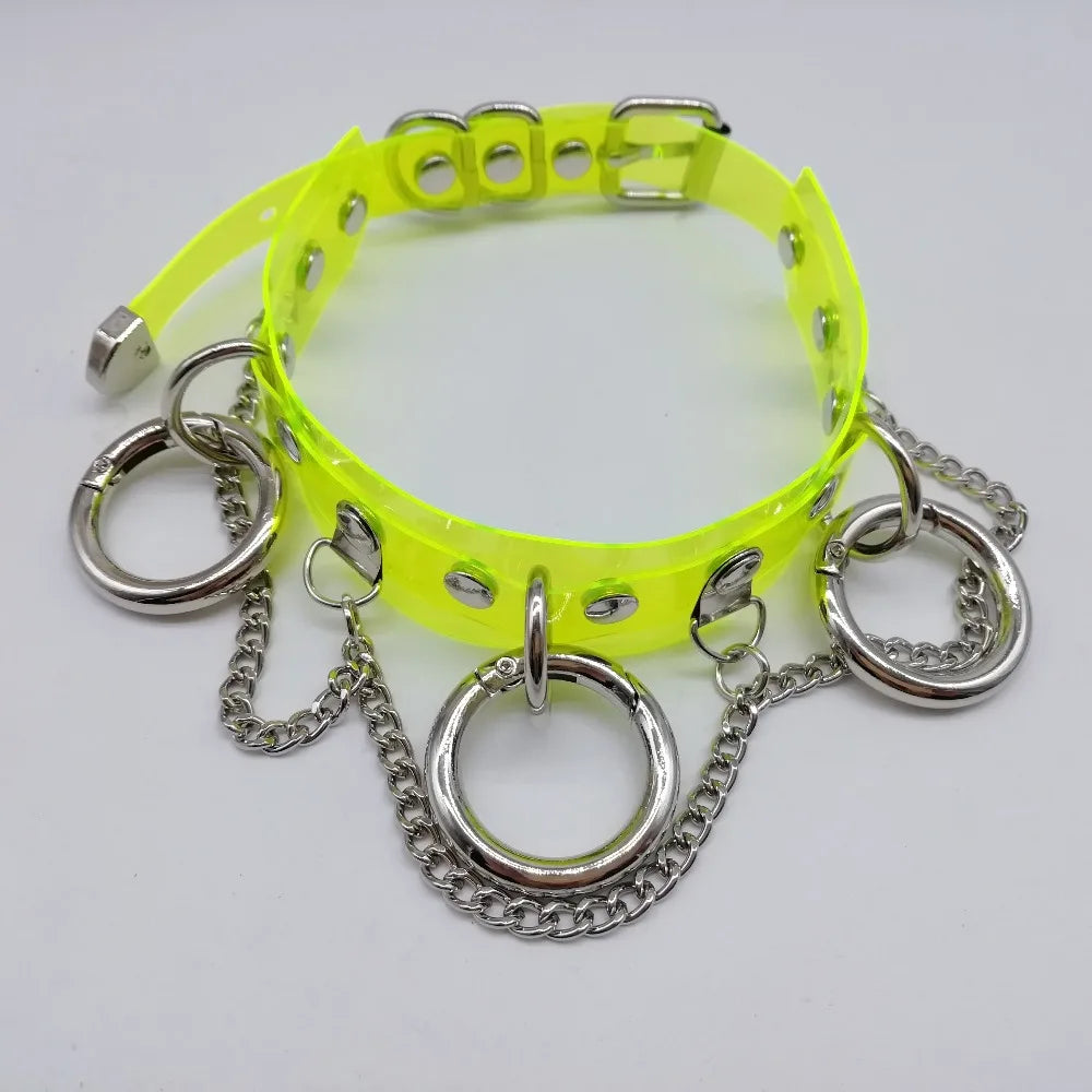 Women Fashion Punk Choker Necklace Handmade Neon Green Neon Pink Three O Chain Necklace Harajuku Collar Belt