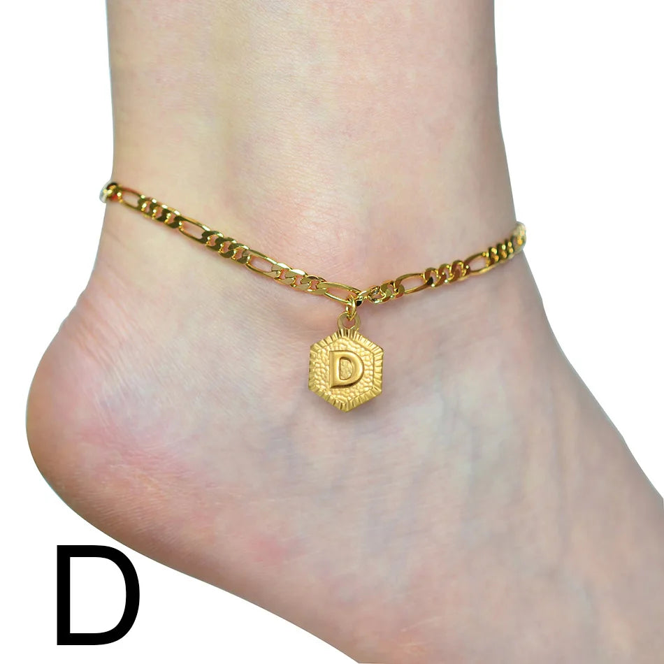 Anniyo 21cm + 10cm Extender Chain / A-Z Initial Letter Anklet for Women Alphabet Jewelry Foot Chain Girl #105906