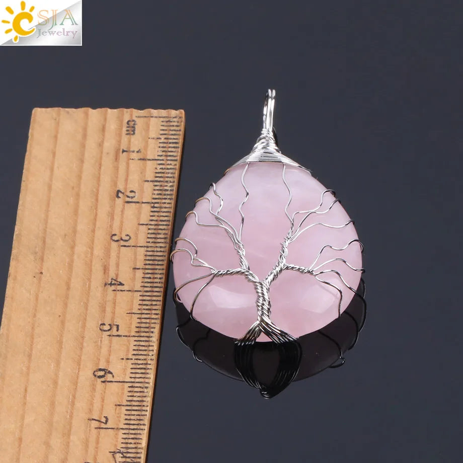 CSJA Natural Stone Pink Quartz Necklace & Pendant Silver-Color Tree of Life Wire Wrapped Water Drop Shape for Women Jewelry F122