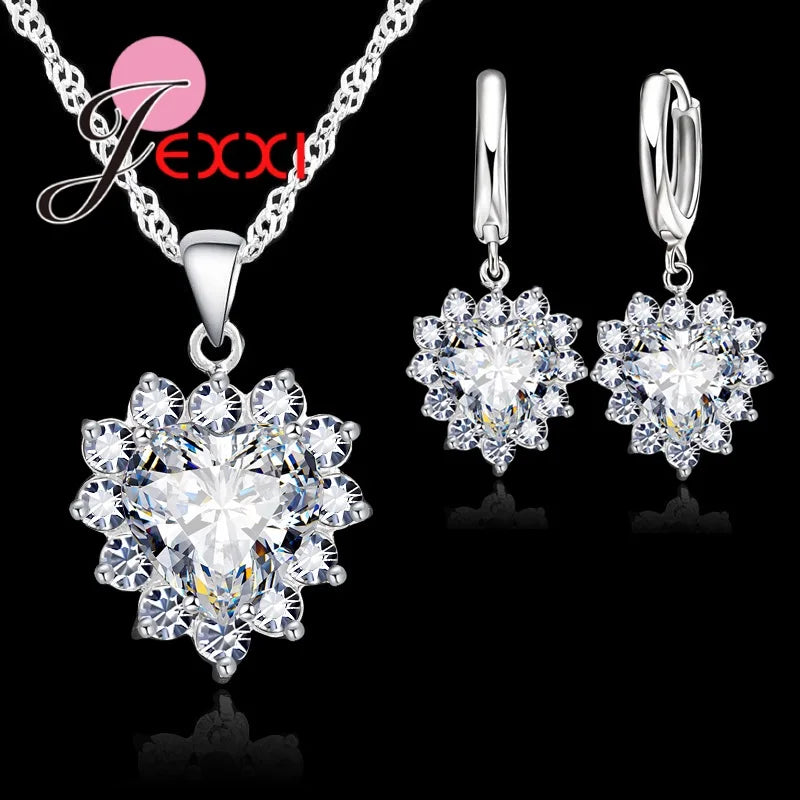Fashion Heart Shaped Crystal Pendant 925 Sterling Silver Necklace Loop Earring Wedding Jewelry Sets Blue Zircon Accessory