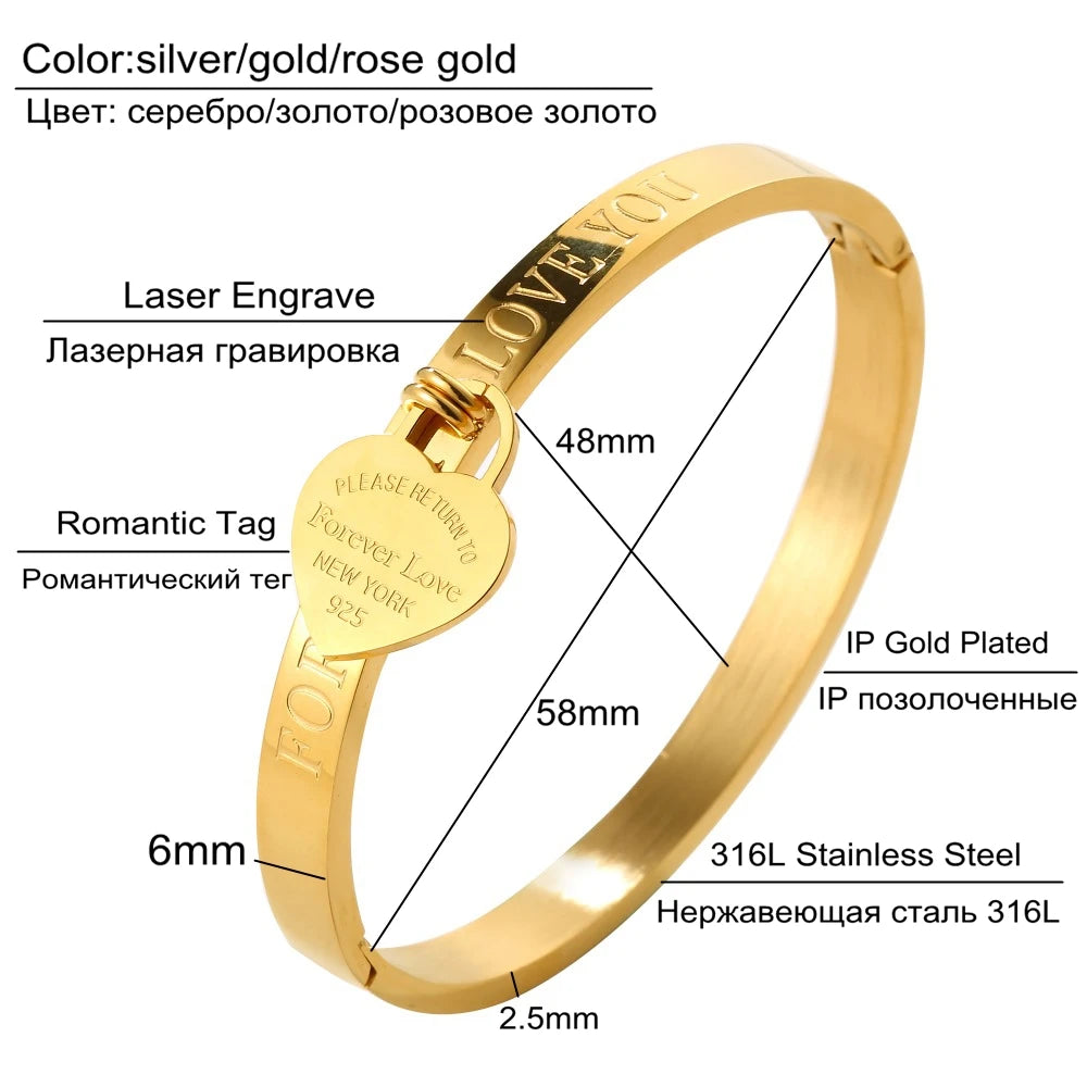 Trendy Lover Cuff Bracelets Bangles for Woman Rose Gold Color Stainless Steel Bracelet With Heart Pendant Luxury Jewelry