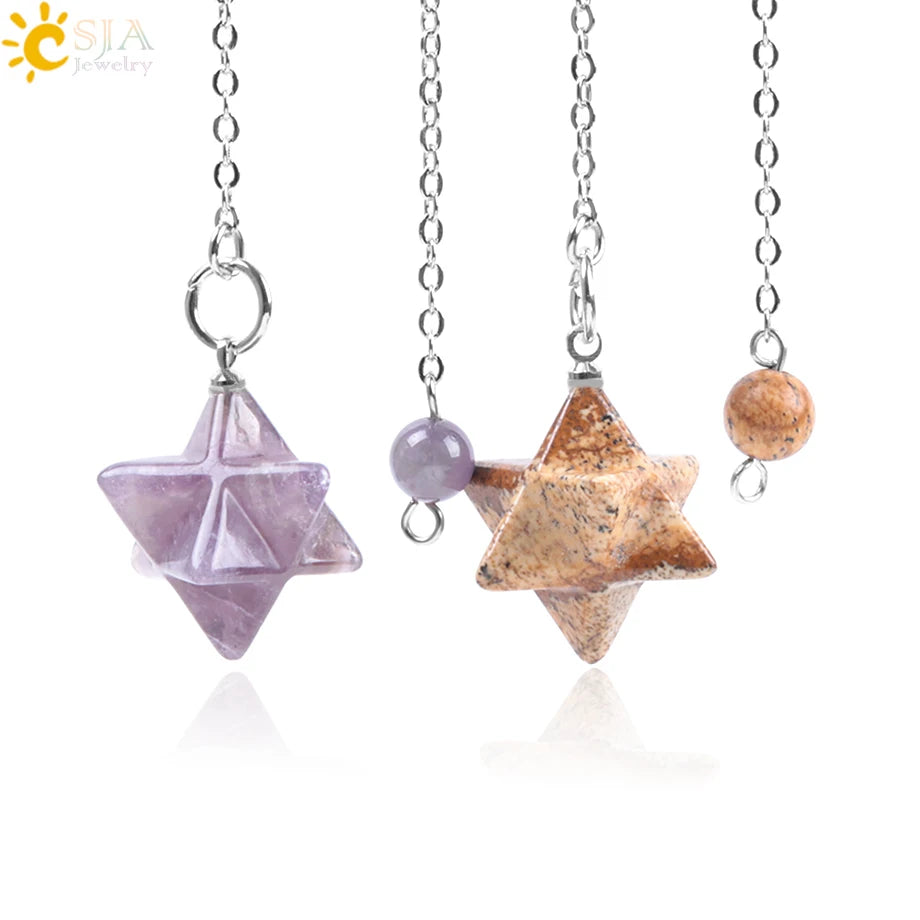 CSJA Natural Gem Stones Merkabah Pendulums for Dowsing Divination Wicca Chakra Reiki Pink Crystal Lapis Lazuli Onyx Pendant F055