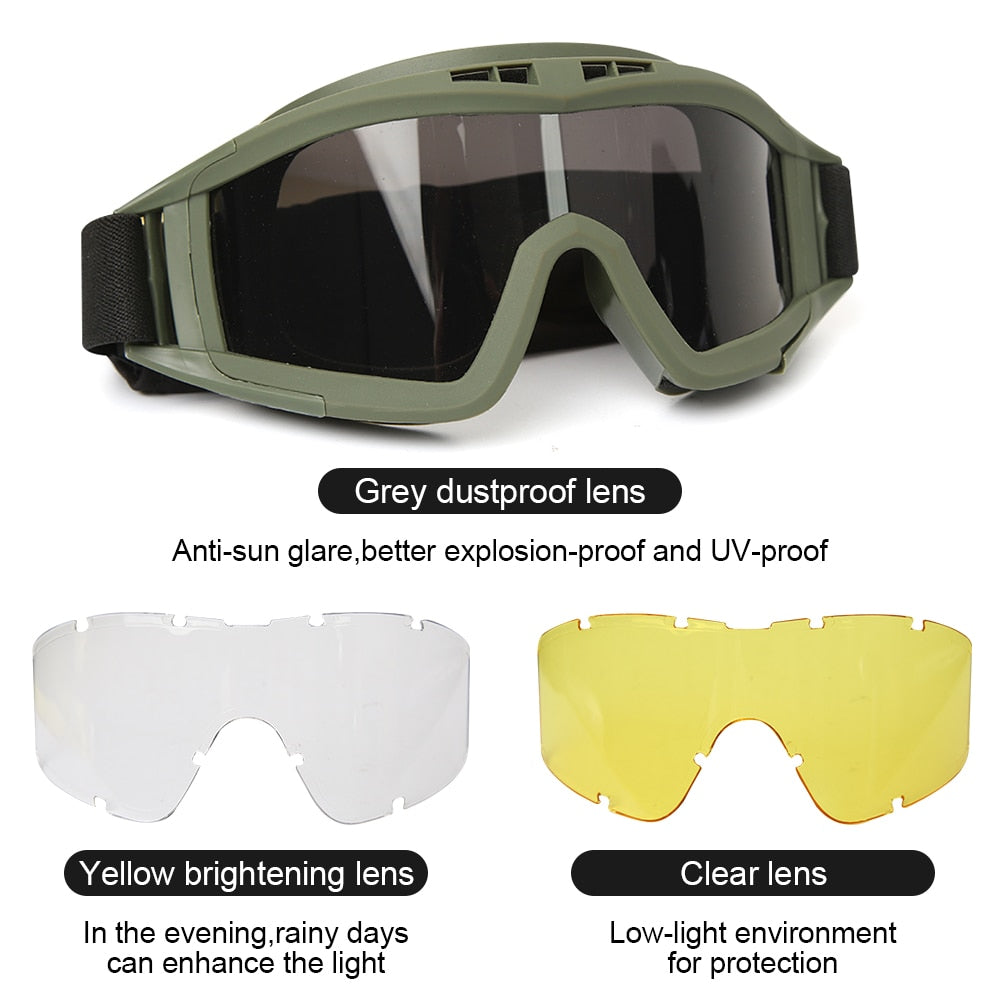 JSJM New Tactical Goggles 3 Lens Windproof Dustproof Safety Protection Motocross Motorcycle Mountaineering Glasses Men UV400