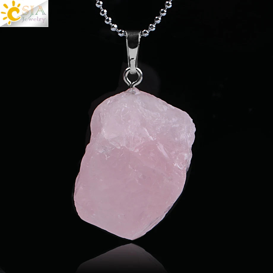CSJA Natural Stones Gems Clear Crystal Pendants Necklaces Reiki Healing Irregular White Yellow Purple Pink Quartz Pendulum F070