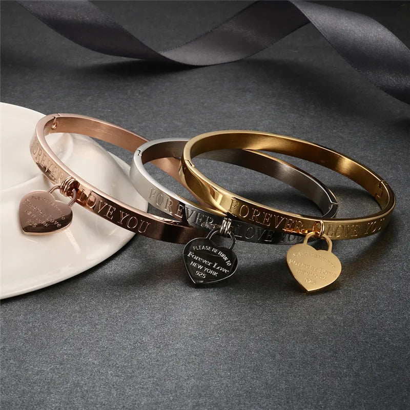 Trendy Lover Cuff Bracelets Bangles for Woman Rose Gold Color Stainless Steel Bracelet With Heart Pendant Luxury Jewelry
