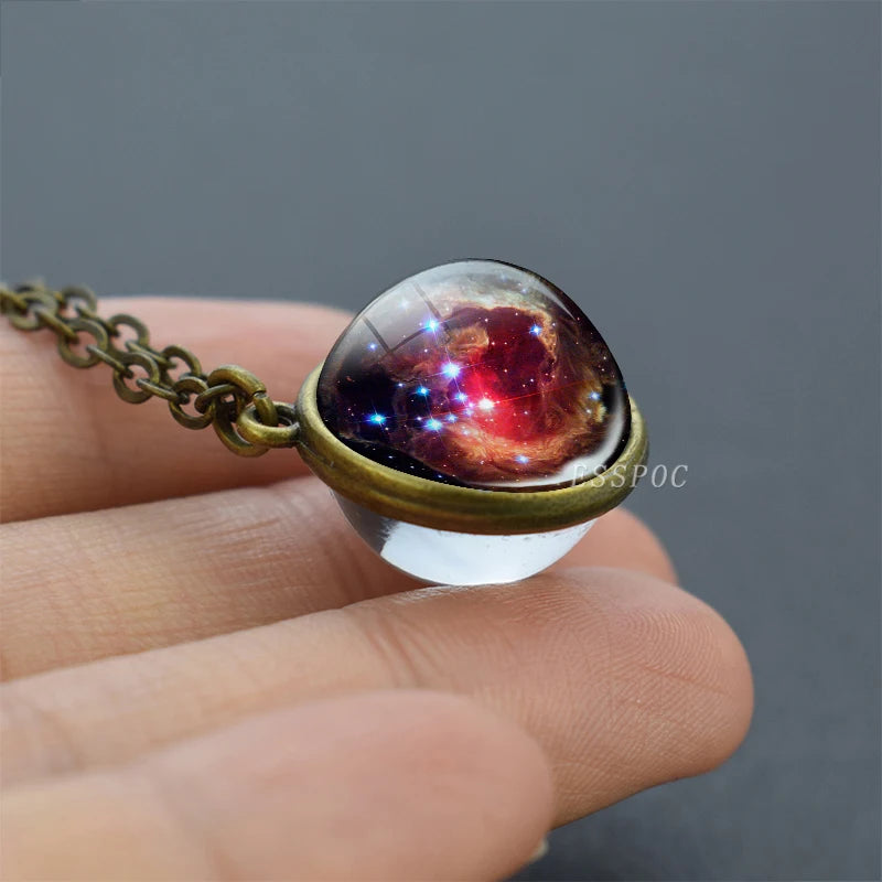 2019 New Glass Ball Galaxy Double Sided Pendant Necklace Universe Planet Jewelry Glass Picture Handmade Statement Necklace