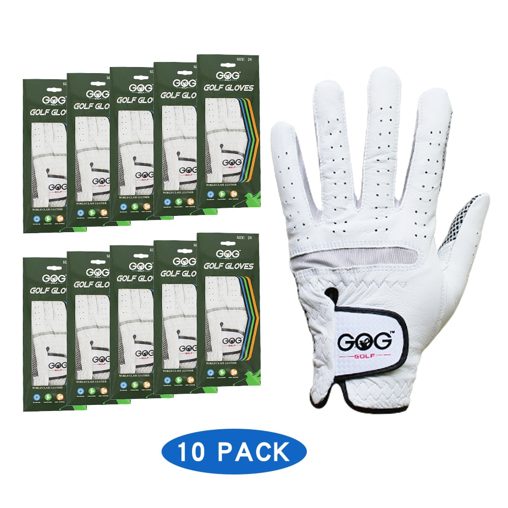 10 Pcs Mens Golf Gloves Left/Right Hands Golfer Branded Packaging White Leather