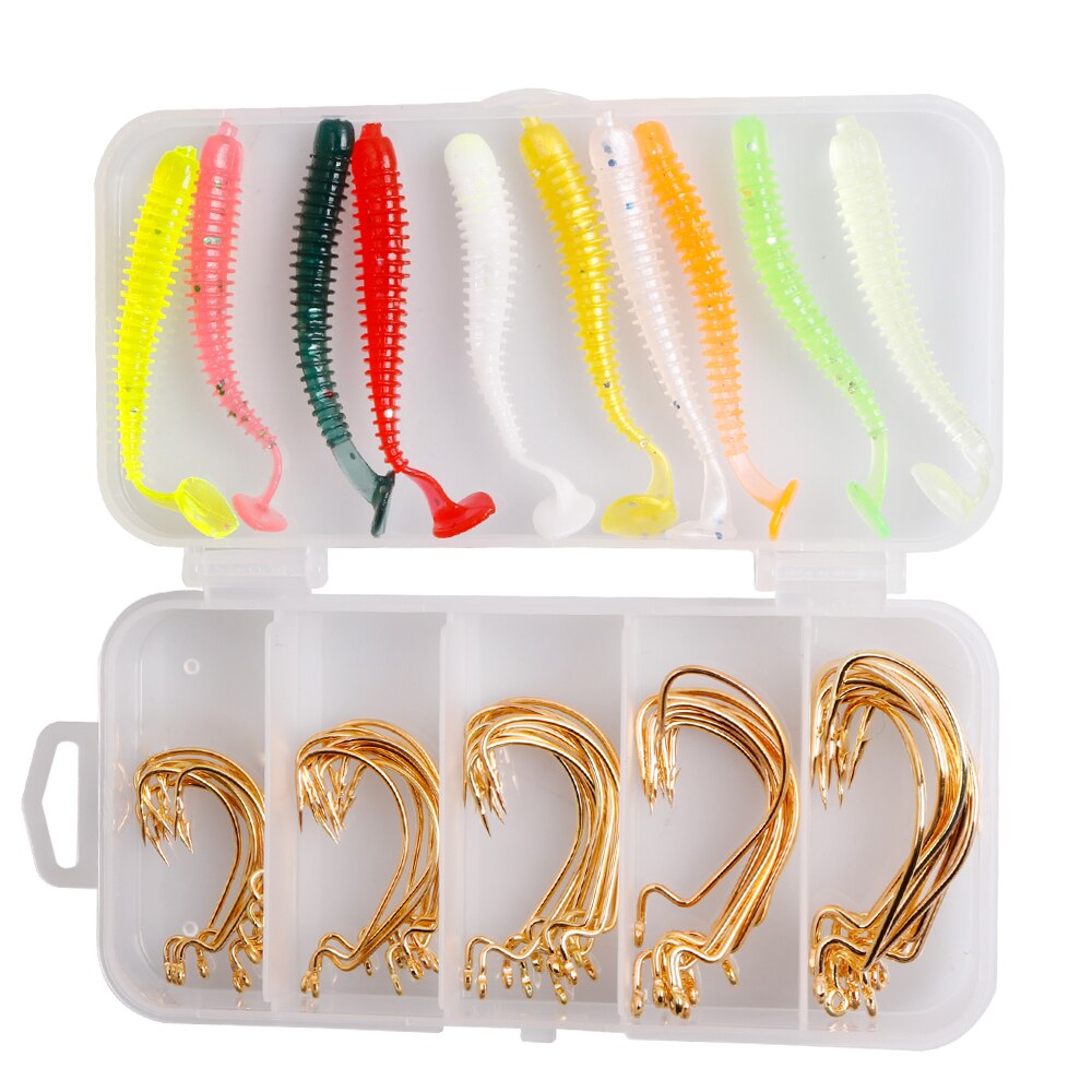 60pcs/Lot Sea Fishing Hook With Soft Lures 2#1#1/0#2/0#3/0# Carp Snap Fishing Big Hooks Tackles Accessories Fish Hook With Box