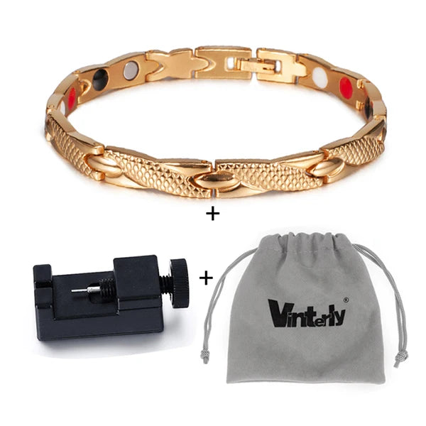 Vinterly Health Energy Bracelet Male Cross Stainless Steel Magnetic Bracelet Men Gold-Color Chain Link Bracelet for Men Jewelry