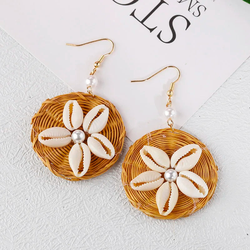 AENSOA Multiple 27 Style Korea Handmade Wooden Straw Weave Rattan Vine Braid Drop Earrings New Geometric Long Earrings