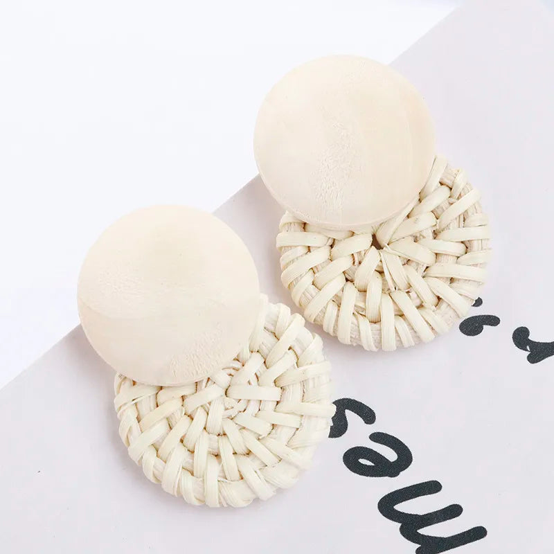 AENSOA Multiple 27 Style Korea Handmade Wooden Straw Weave Rattan Vine Braid Drop Earrings New Geometric Long Earrings