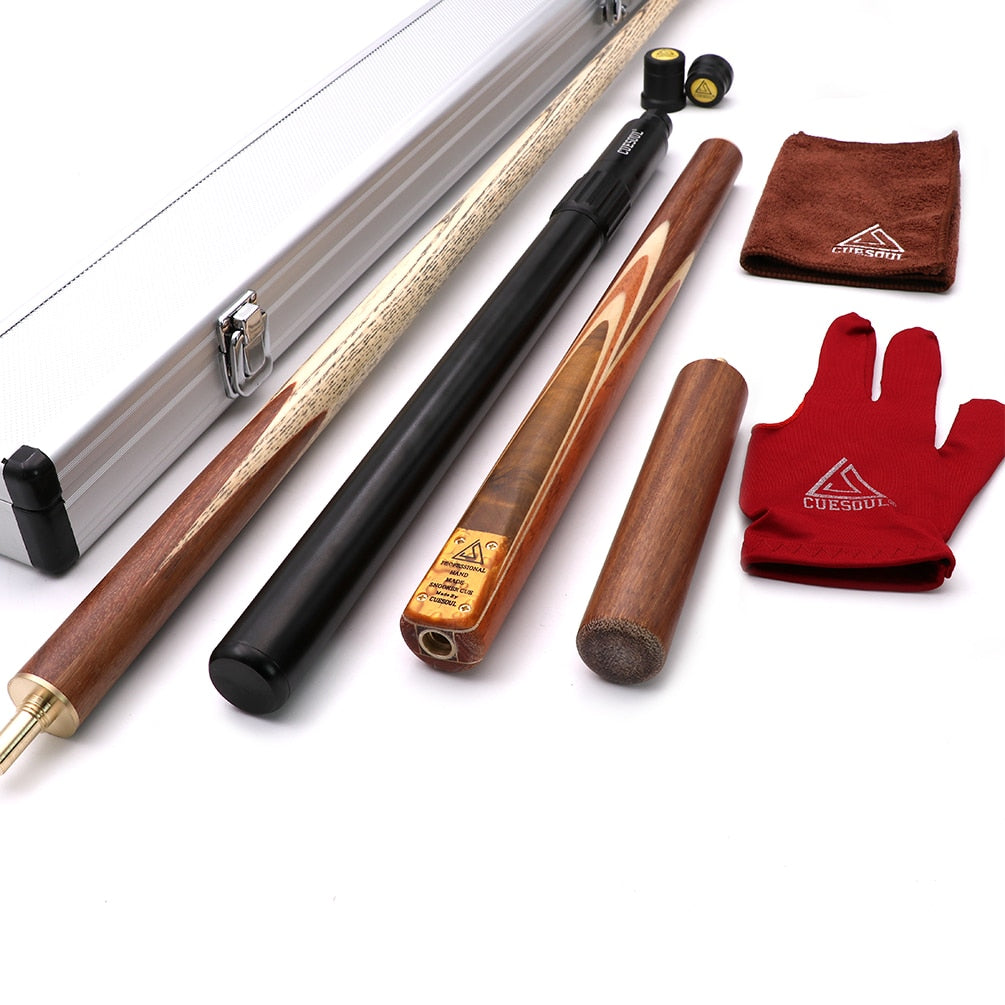CUESOUL 57" Snooker Cue Handcraft 3/4 Jointed With Mini Butt End Extension Packed in Aluminium Cue Case and Cue Joint Protector