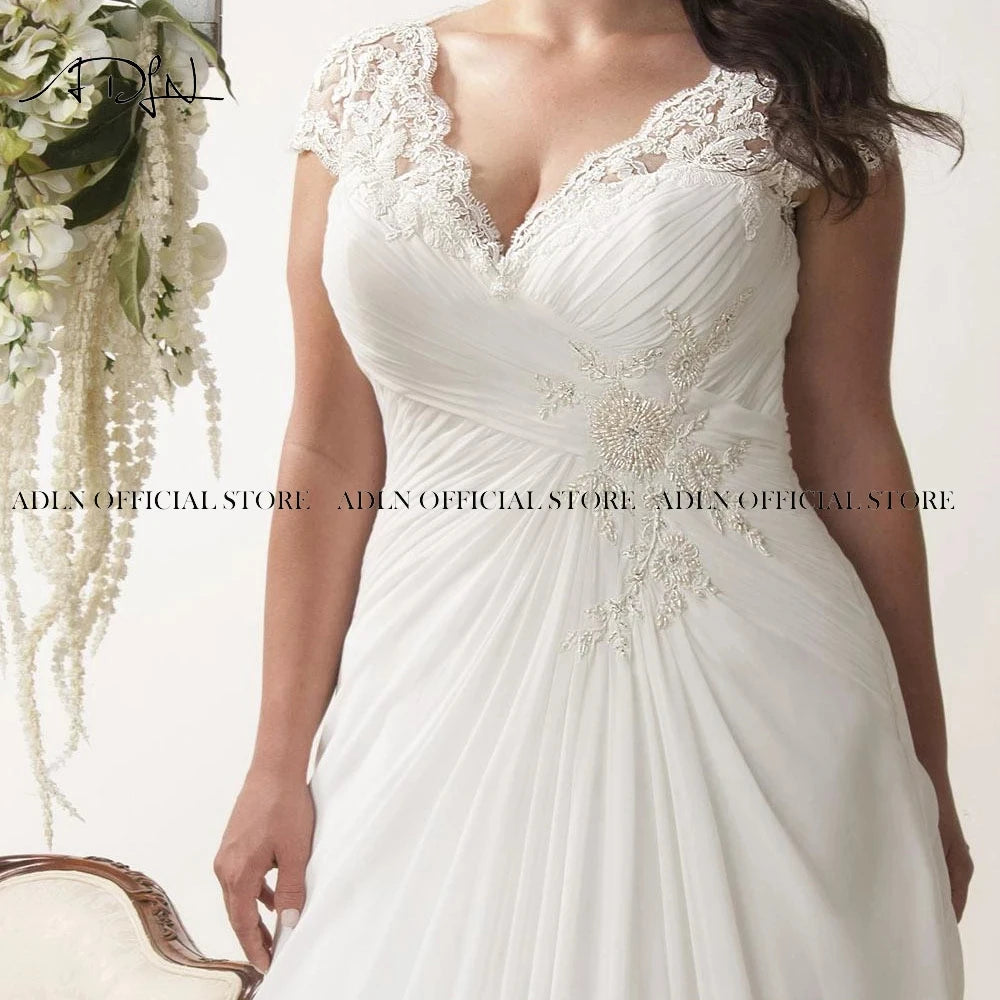 Elegant Plus Size Wedding Dresses V-Neck Cap Sleeves Robe De Mariage Sweep Train Appliqued Open Back Chiffon Bridal Gown