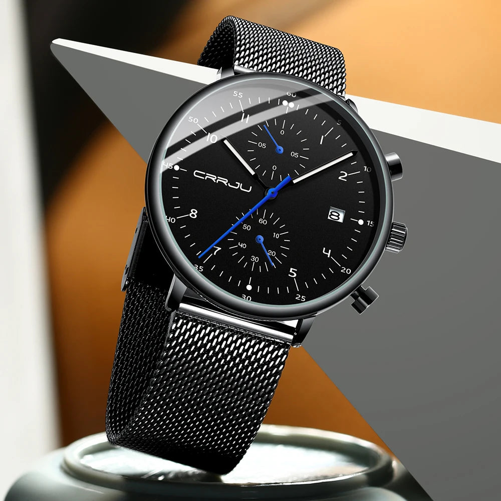 Mens Watch CRRJU Luxury Top Brand Men Stainless Steel WristWatch Men's Military Waterproof Date Quartz Watches Relogio Masculino